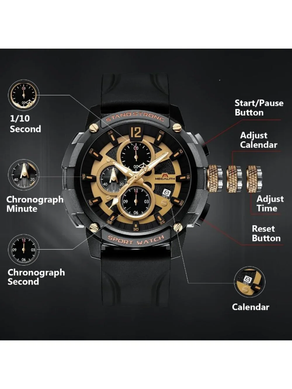 Men's Gold Analog Quartz Heavy Duty Waterproof Chronograph Luminous Wrist Watch